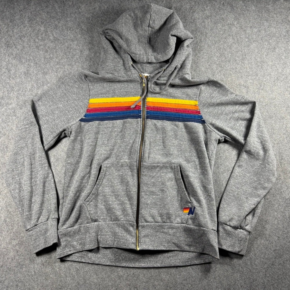 Aviator Nation Womens Gray 5-Stripe Rainbow Zip Up Hoodie Sweatshirt Size M USA